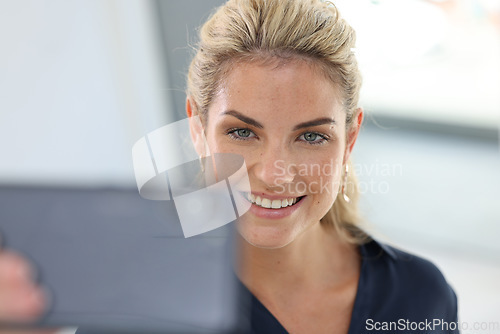 Image of Phone selfie, office worker and woman using smartphone to take photo of new, corporate business job and employee satisfaction. Social media post, cell phone technology and 5g tech internet connection