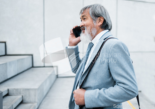 Image of Asian man, business leader and phone call for marketing planning, conversation and communication to connect. Leadership, male entrepreneur and smartphone for discussion, talking or marketing strategy