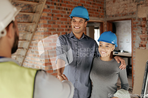 Image of Handshake, construction and couple with home contractor make client agreement for house development, service or renovation work. Real estate property, thank you or black people make deal with builder