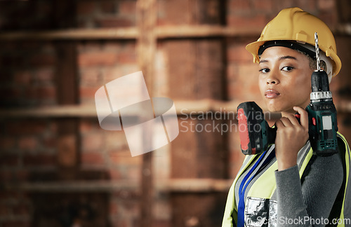 Image of Woman, construction worker or drill tool in property, house or home construction site or innovation, ideas or vision. Portrait, building engineering or electric tool worker in real estate maintenance