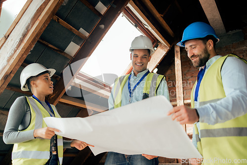 Image of Teamwork, planning and construction workers with blueprint in building looking at engineering design, floorplan and illustration. Diversity, collaboration and engineers working at construction site