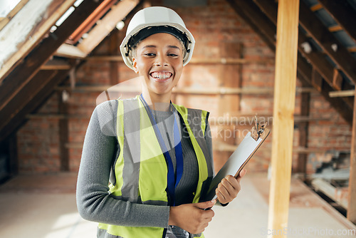 Image of Architect woman, clipboard and happy on construction site in industry, planning and inspection. Engineer, architecture and construction worker smile at industrial workplace in building, house or home