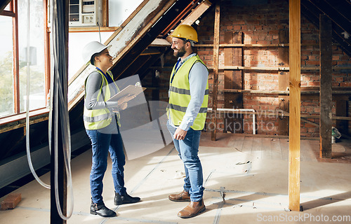 Image of Architect, construction and teamwork for home renovation and home improvement building project. Engineer, industrial designer colleagues and construction workers for inspection in house architecture