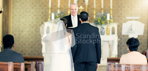 Image of Couple, wedding and priest with commitment, love and marriage ceremony in church service together. Man, woman and pastor with trust, celebration and christian marry event in a chapel or spiritual