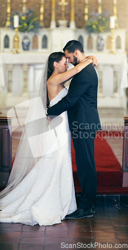 Image of Love, wedding and couple dance in church in celebration of the bride and grooms faithful commitment in marriage. Romance, support and classy wife dancing with a trusted husband at a romantic event