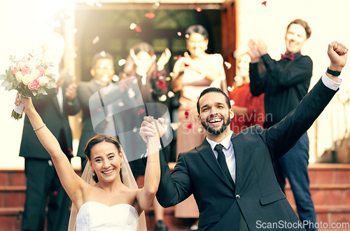 Image of Bride, groom smile and celebrate leaving church holding hands together after wedding ceremony, bridal vows and celebration of love. Happy man, smiling woman and catholic marriage ceremony tradition