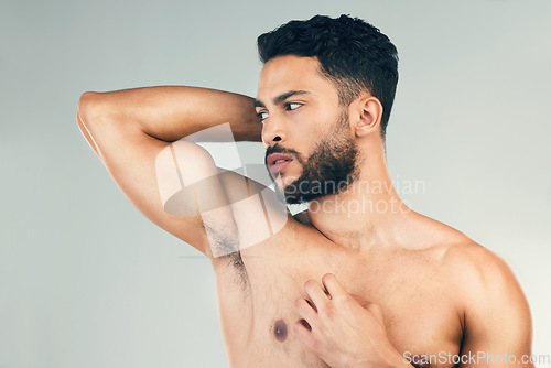 Image of Fitness, bicep and man flexing in a studio for strength, health and wellness from exercise. Sports, workout and healthy guy with strength, power and muscles after training isolated by gray background