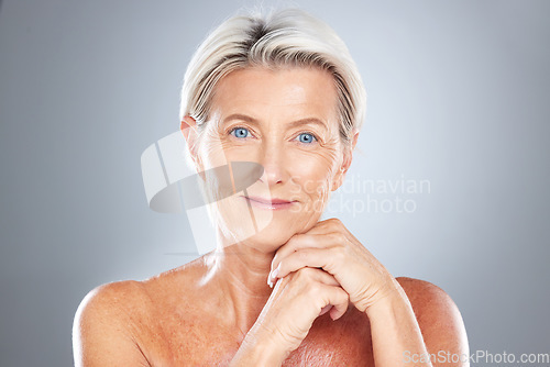 Image of Skincare, senior woman and skincare, beauty and cosmetic wellness fro anti aging in grey studio background mockup. Elderly female model happy with skin health, face and healthcare with facial makeup