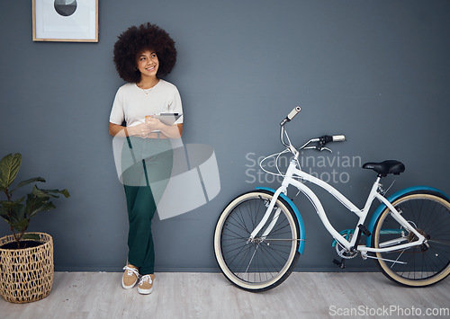 Image of woman, bicycle and tablet for advertising vision mock up on social media. Black girl, happy and digital networking online or digital marketing for bike ad placement on 5g web mobile app on ipad