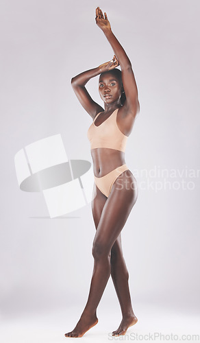Image of Beauty, black woman and skincare in studio for skincare, skin and body wellness against a white background mockup. Portrait, lingerie and model girl proud after weight loss, health and body positive