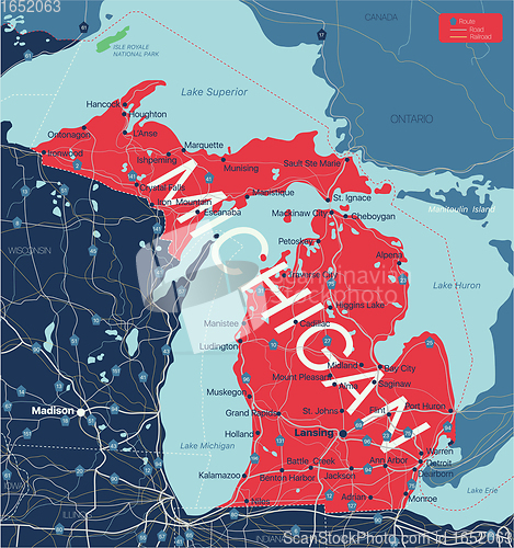 Image of Michigan state detailed editable map