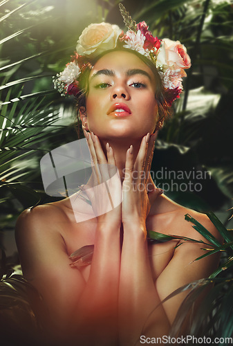 Image of Woman, nature and beauty with leaves, plants and trees with organic makeup model, natural cosmetics and wellness products. Jungle, forest and tropical rainforest with outdoor floral flowers aesthetic