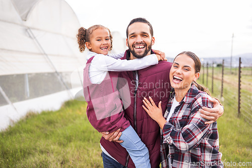 Image of Happy family, farming and agriculture, greenhouse and field for sustainability, growth and environment in Spain countryside. Portrait of farmer parents, kid and sustainable gardening in agro industry