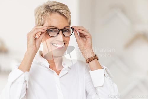 Image of Glasses, vision and optometry with a woman customer at the optician shopping for new frame spectacles. Portrait, eyewear and retail with a female consumer buying prescription lenses at an optometrist