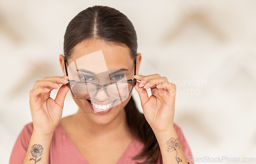 Image of Glasses, portrait and woman shop for eyewear in a optic store for eyecare and health in a retail store. Eyeglasses, shopping and optometry for latino woman with spectacles for eyesight in boutique