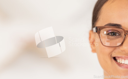 Image of Marketing, advertising and woman with glasses for optometry with mock up space for company logo. Happy, smile and half face portrait of a girl with eyeglasses for vision from optometrist and mockup