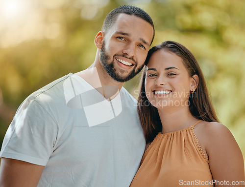 Image of Portrait, happy and couple in nature to relax on a honeymoon vacation, holiday or weekend in Brazil, Sao Paulo. Smile, partners and healthy woman enjoying quality time, bonding and marriage with man