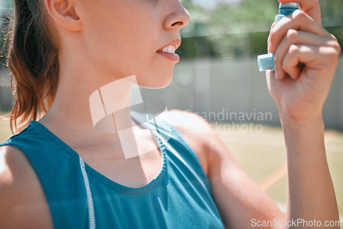 Image of Sport, tennis and woman with asthma and health, inhaler for breath during fitness on tennis court outdoor. Medical condition, athlete and sports with active life and being healthy with wellness.