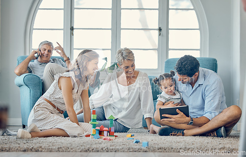 Image of Education, learning and family with a tablet for a child streaming a video, cartoon or game. Happy, relax and girl kid playing on technology with her dad for games and digital social connection