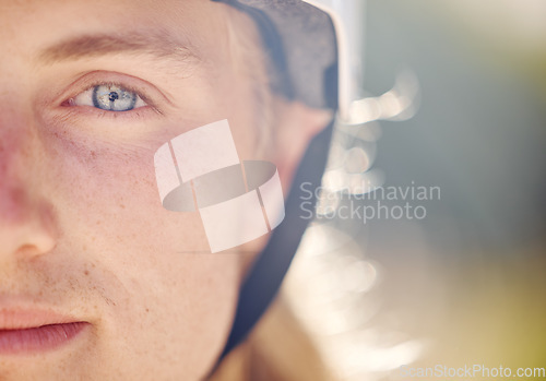 Image of Man, eye closeup and face in nature for healthy skincare or exercise adventure. Young athlete, sports training motivation and facial wellness vision for focus mindset in outdoor bokeh background