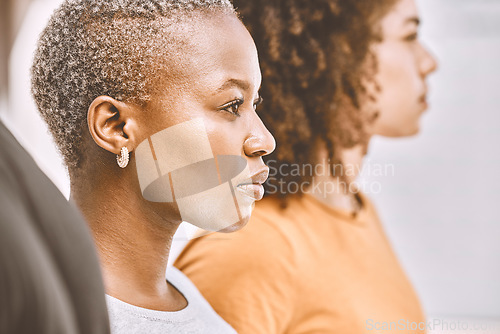 Image of Black woman face, crowd and fight, equality or human rights march, revolution or community rally. Feminist, silent protest and politics, justice and solidarity of world peace, future hope and support