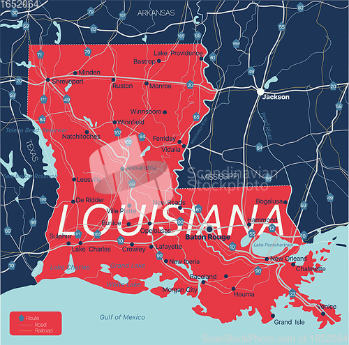 Image of Lousiana state detailed editable map