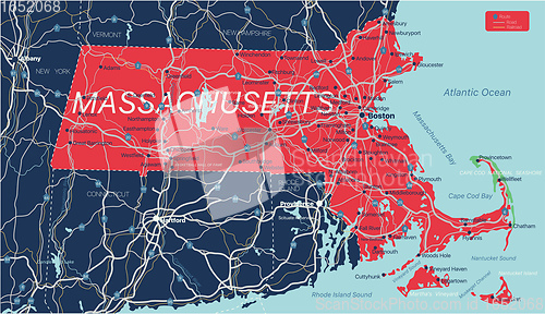 Image of Massachusetts state detailed editable map