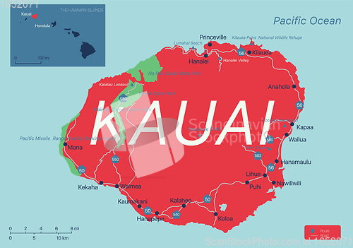 Image of Kauai island detailed editable map