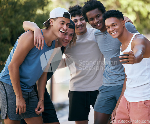 Image of Selfie, sports and friends group with smartphone for fitness teamwork, collaboration and social media networking update in park court. Athlete, training and people or men in cellphone photography app