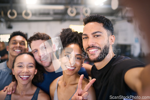 Image of Happy, friends and portrait smile for selfie together in joyful happiness, moments or memories. Group of colleagues smiling for photo and peace sign in team building or social gathering with phone