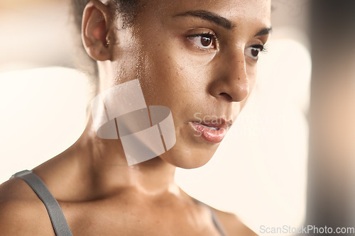 Image of Fitness, face and woman at gym for training, exercise and stop to breath, relax and rest with mockup. Mindset, focus and black woman taking a break from pilates, wellness and breathing exercising