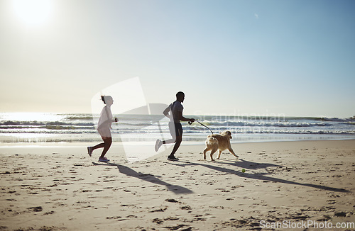 Image of Fitness, running and dog with couple at beach for freedom health and summer exercise. Sports, wellness and relax with man and woman runner with pet by the ocean for travel, support and peace workout