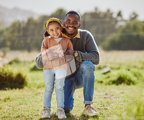 Image of Park, portrait and father hug child for nature holiday, outdoor adventure and fathers day love in green countryside field. Happy family, dad and girl kid bonding together for vacation and spring