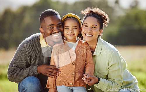 Image of Black family, child and bonding in nature park, sustainability garden environment and countryside grass field in trust, love and support. Portrait, smile and happy black woman, man and girl in summer