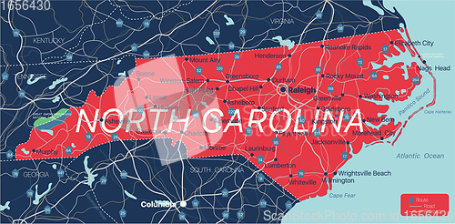 Image of North Carolina state detailed editable map