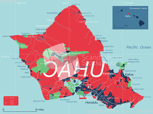 Image of Oahu island detailed editable map