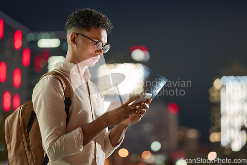 Image of City night lights, man with phone, technology and futuristic communication online with bokeh. Social media, urban life and young hipster typing on smartphone with 5g connection on online digital app.