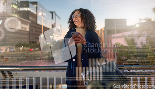 Image of Black woman, phone and city in social media vision for communication technology at night on overlay. African American female smile for social networking or chatting on smartphone in double exposure
