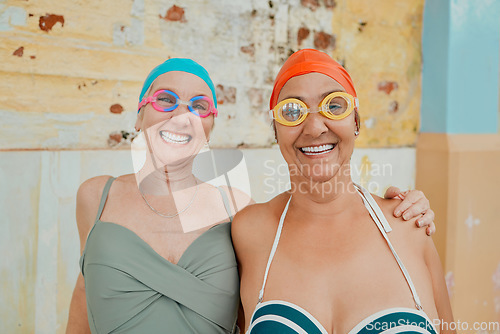 Image of Swimming, physiotherapy and fitness with senior friends at a pool for health, wellness or recovery. Sports, training and exercise with a mature woman and friend at a swimming pool for rehabilitation