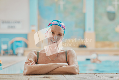 Image of Swimming pool, fun and portrait of a senior woman doing water aerobics for exercise or workout. Happy, smile and elderly lady in retirement doing aquatic training lesson for skill, health or wellness