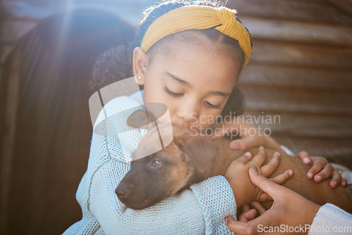 Image of Dog, kiss and child outdoor with a love hug, care and animal friend care for new family puppy. Pet, girl and happiness together of a relax animal and kid hugging with parent help feeling calm in sun