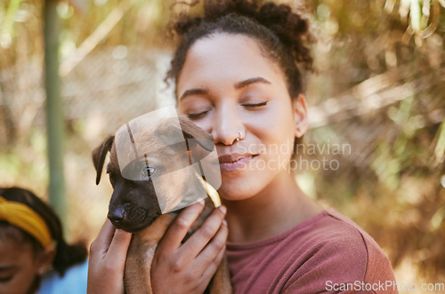Image of Love, dog and animal shelter with a black woman hugging a foster pet while at a shelter to adopt a rescue animal. Volunteer, charity and adoption with a female holding a cute puppy at the pound