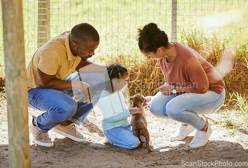 Image of Love, black family and dog adoption at animal shelter, kennel or house. Care, support and choice of caring family choosing puppy to take home or foster for little girl bonding with cute pet in cage.