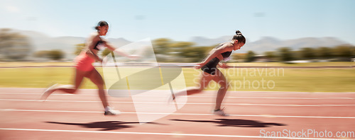 Image of Sports, fitness and relay race with a woman athlete passing a baton to a teammate during a track race. Running, teamwork and health with a female runner and partner racing for competitive sport