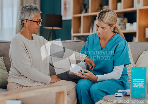 Image of Test, consultation and doctor with a patient for blood pressure exam, healthcare and care in nursing home on the sofa. Medical, support and senior woman with a nursing caregiver with check on health