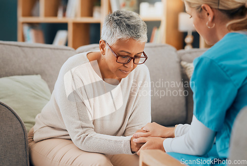 Image of Mental health, support and nurse with senior woman holding hands for support, healthcare and depression expert advice. Retirement empathy, psychology help and sad elderly patient talking to caregiver