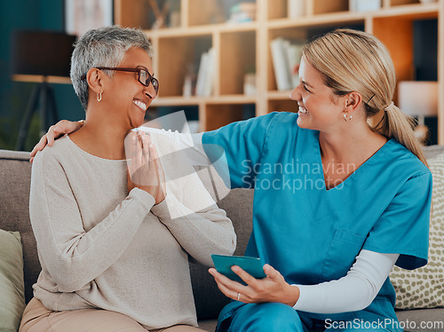 Image of Senior care, caregiver and patient together on a couch talking about healthcare of hospice service leaflet, brochure or booklet. Elderly woman and nurse at home for care with gratitude for help