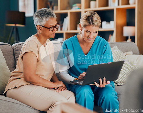 Image of Home visit, woman and doctor with laptop on sofa checking medical results or chart online. Healthcare, technology and nurse or caregiver help consulting with patient on computer on living room couch.