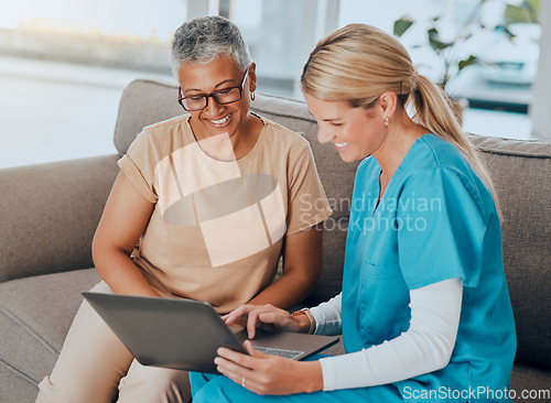 Image of Laptop, healthcare and assisted living with a woman and nurse talking about test results in a retirement home. Computer, medicine and medical with a female health professional and patient in a house