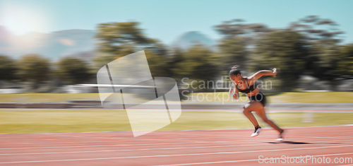 Image of Speed, track and fast woman running for fitness health, exercise and workout for marathon race, contest or competition. Sports commitment, sprint action or athlete runner training for France olympics